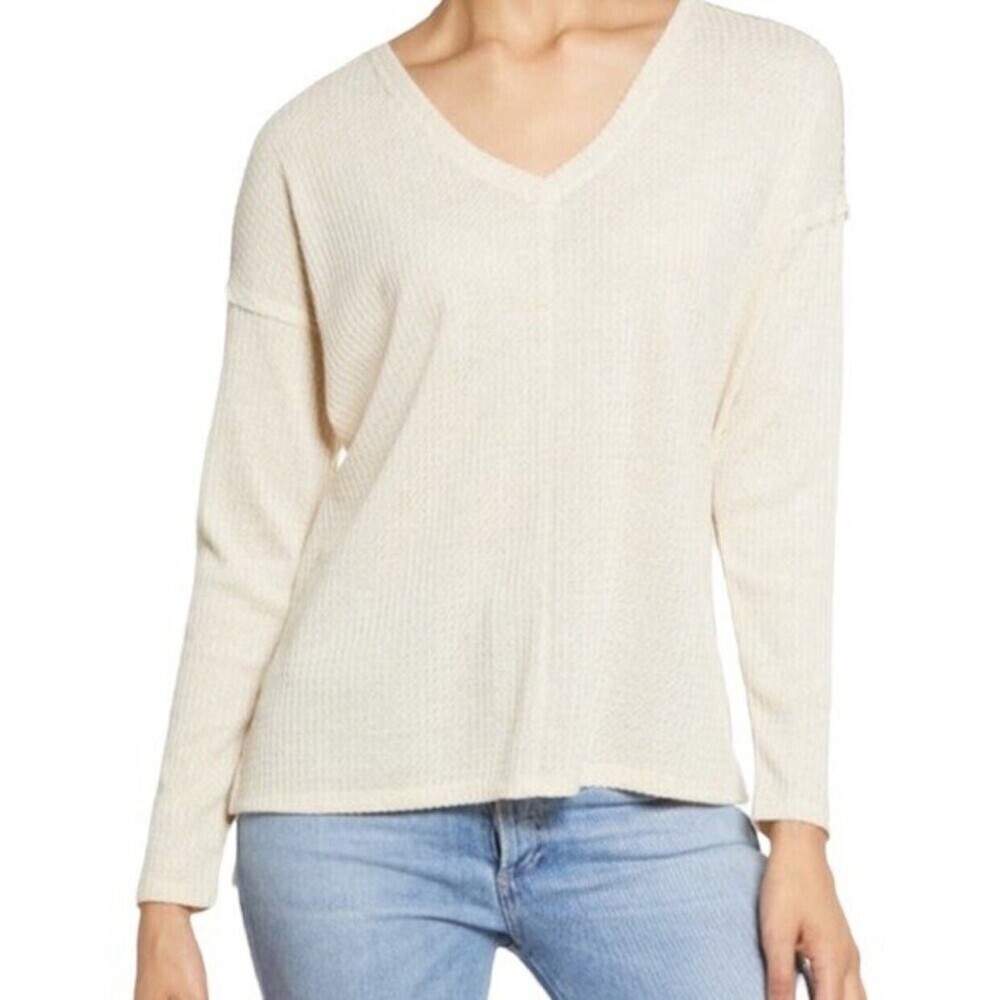 Gibsonlook Waffle Knit Stitch Detail V-Neck Popover T-Shirt In Oat Size L